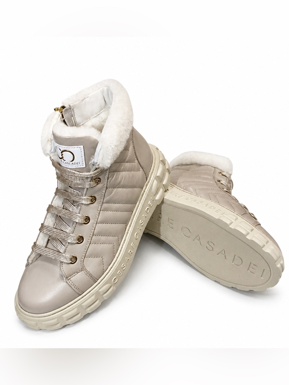 Casadei Women’s Cream Quilted Shearling-Trim Soft Leather winter Lace-Up Boots